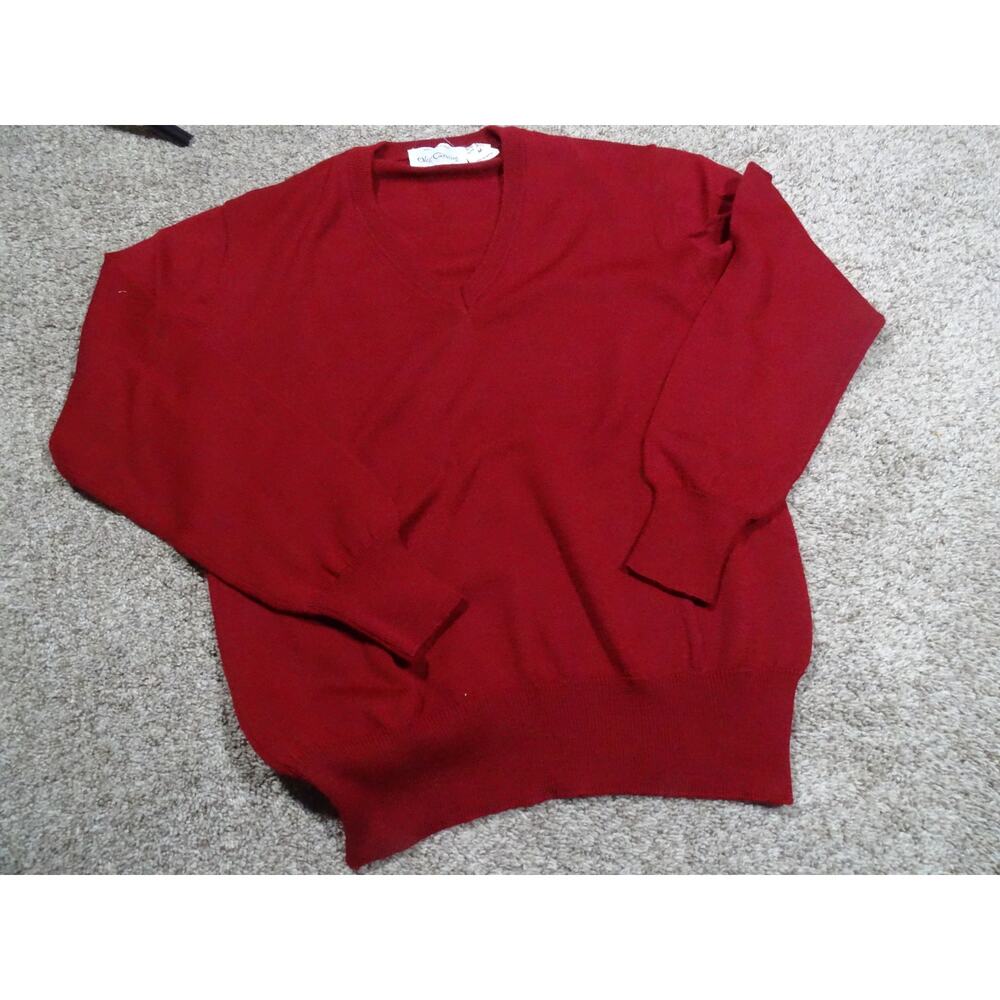 Vintage Oleg Cassini Red V-Neck Sweater Wool Acrylic Blend Made in Italy Size M